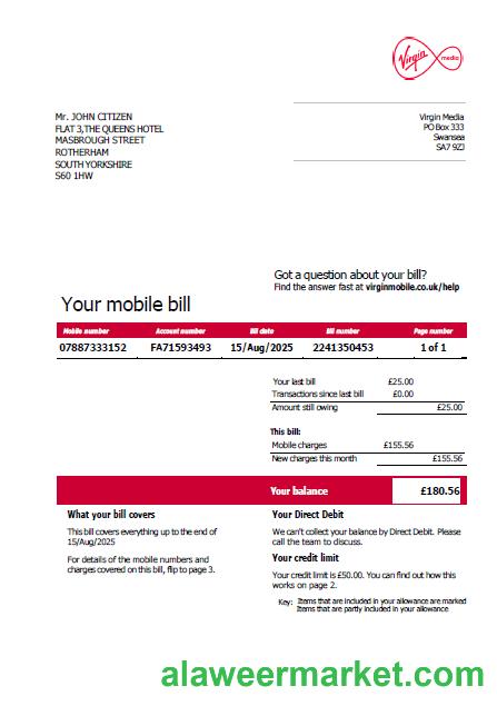 USA Virgin Media utility bill template in Word and PDF formats, version 2